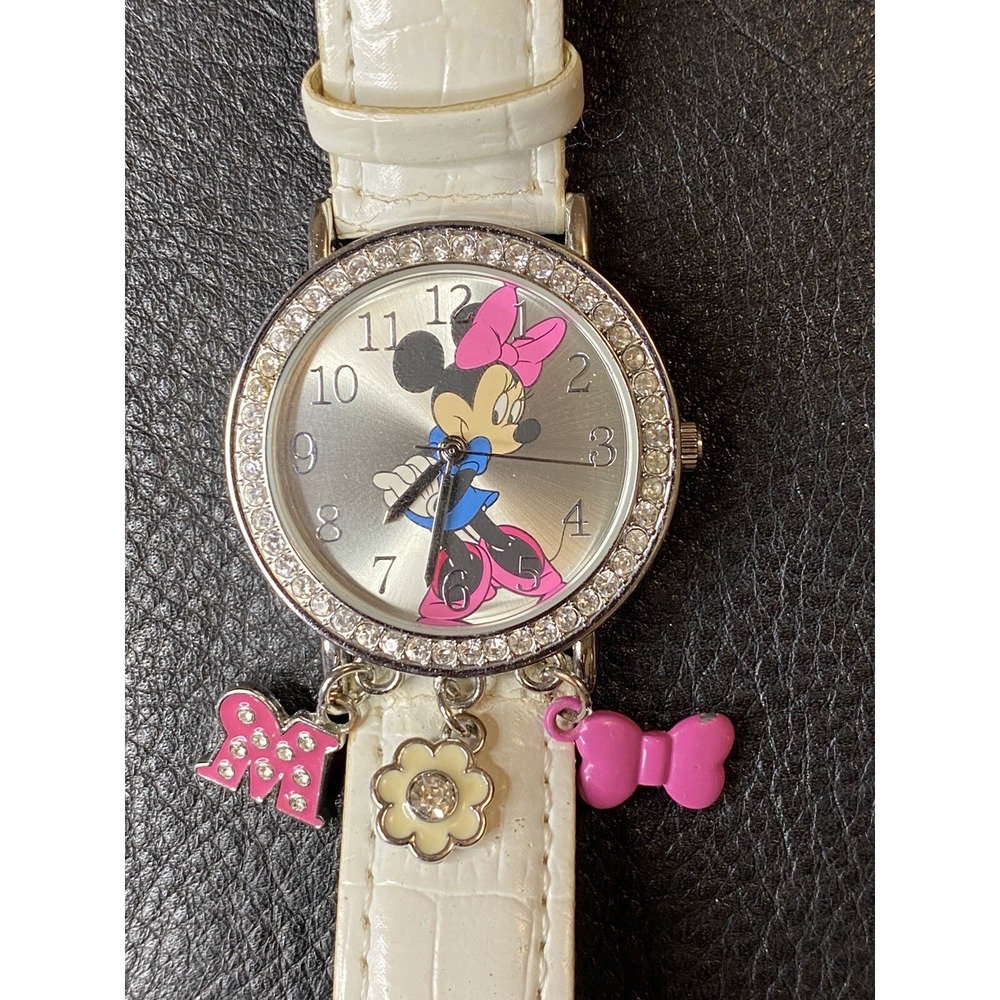 Disney Watch-Jeweled Minnie Mouse Face With Dangles Charms White Band -Collector